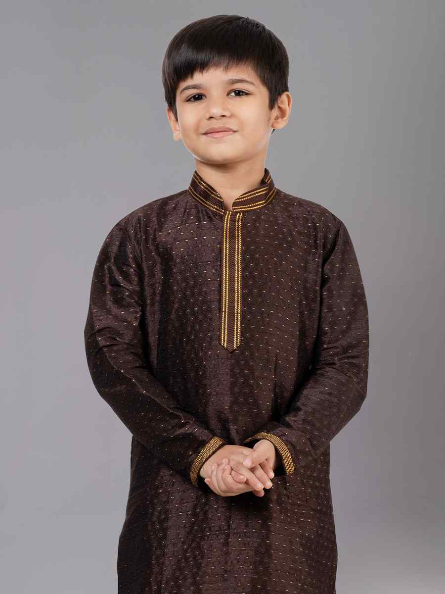 Coffee Polyester Cotton Embroidered Festival Traditional Kurta Pyjama Boys Wear