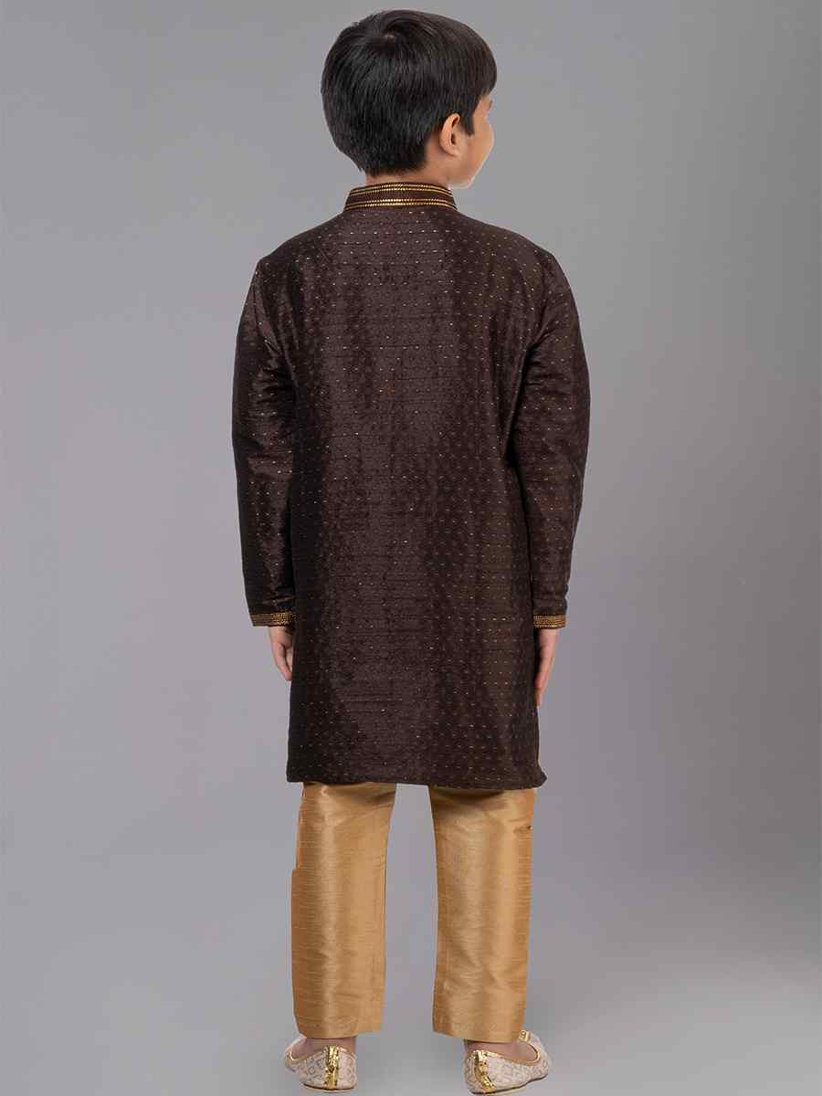 Coffee Polyester Cotton Embroidered Festival Traditional Kurta Pyjama Boys Wear