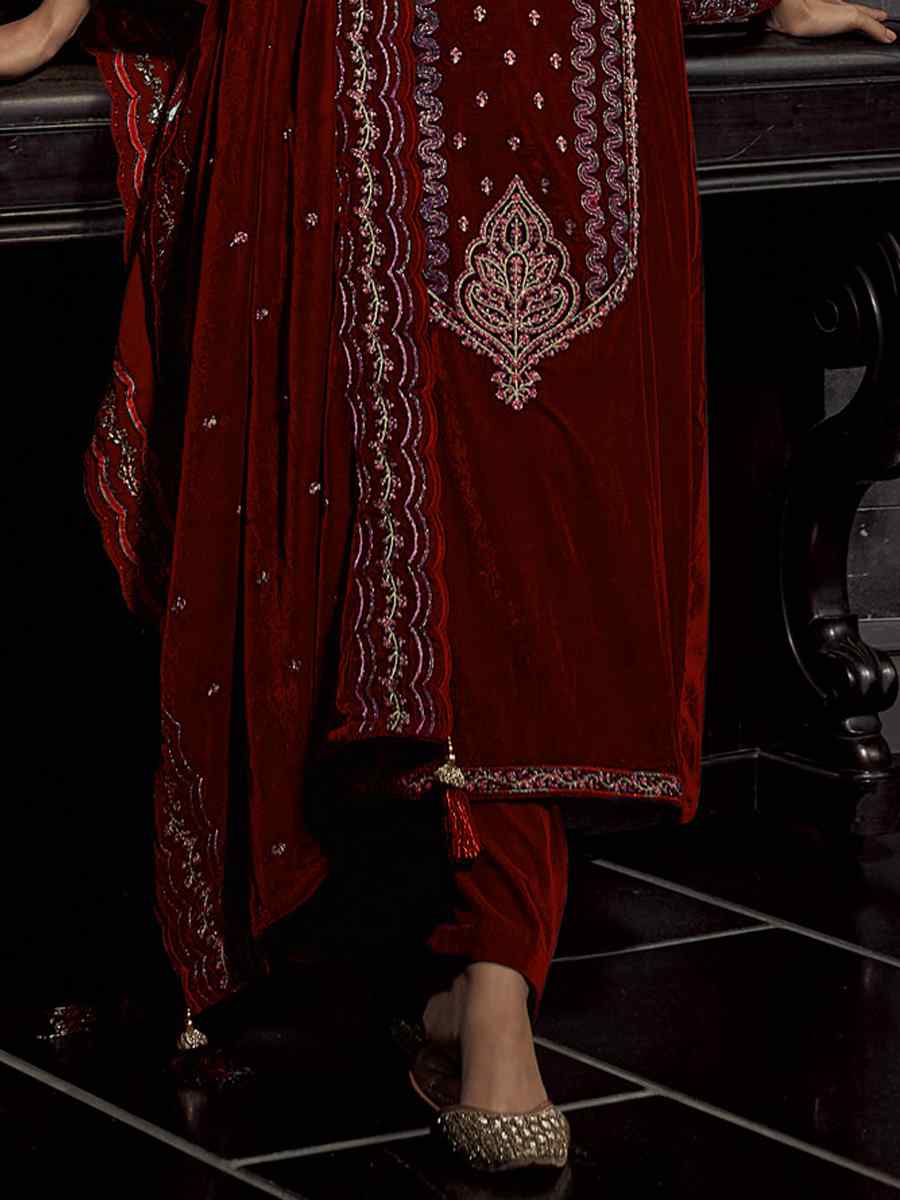 Coffee Pure Viscos Velvet Embroidered Festival Wedding Pant Salwar Kameez