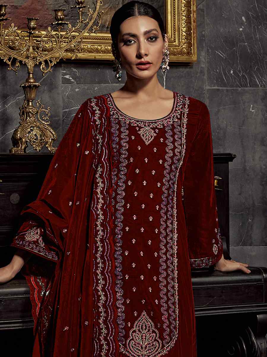 Coffee Pure Viscos Velvet Embroidered Festival Wedding Pant Salwar Kameez