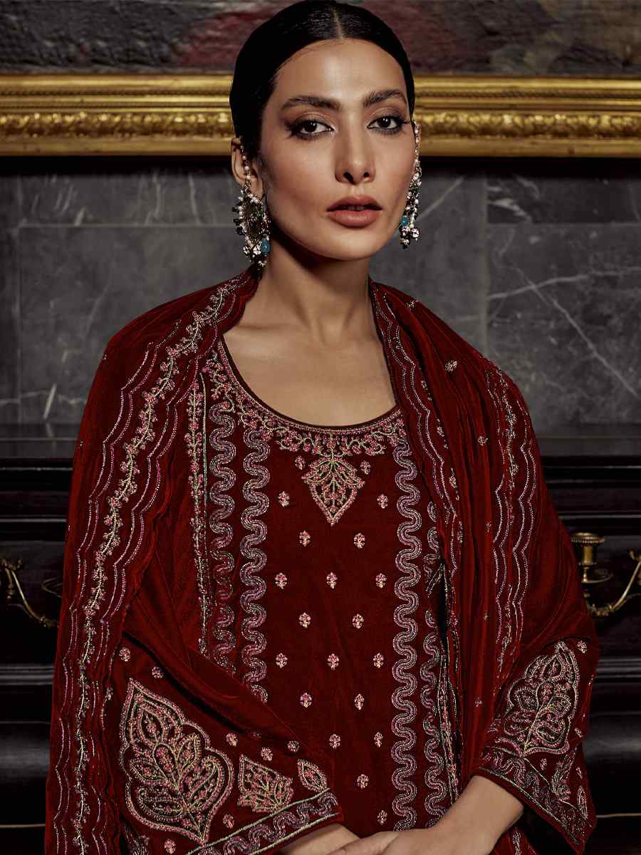 Coffee Pure Viscos Velvet Embroidered Festival Wedding Pant Salwar Kameez