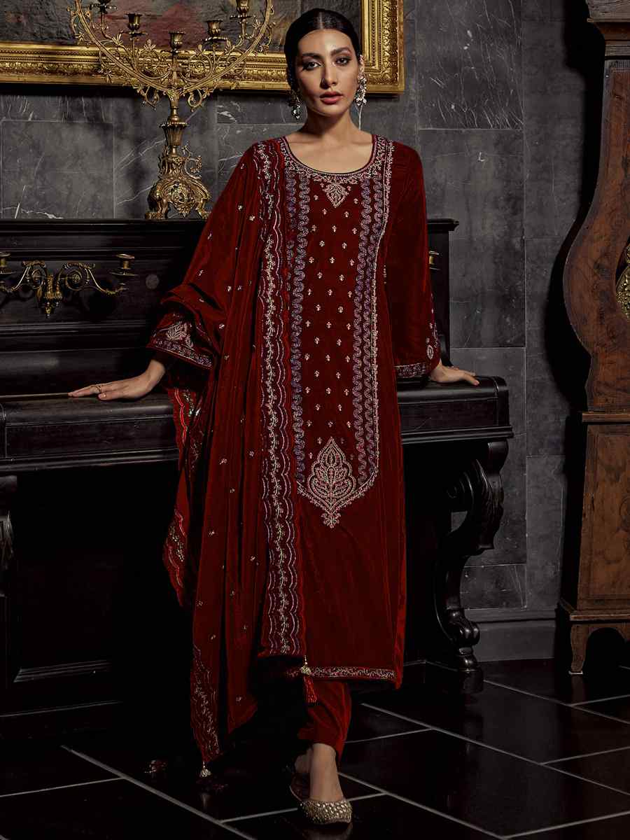Coffee Pure Viscos Velvet Embroidered Festival Wedding Pant Salwar Kameez