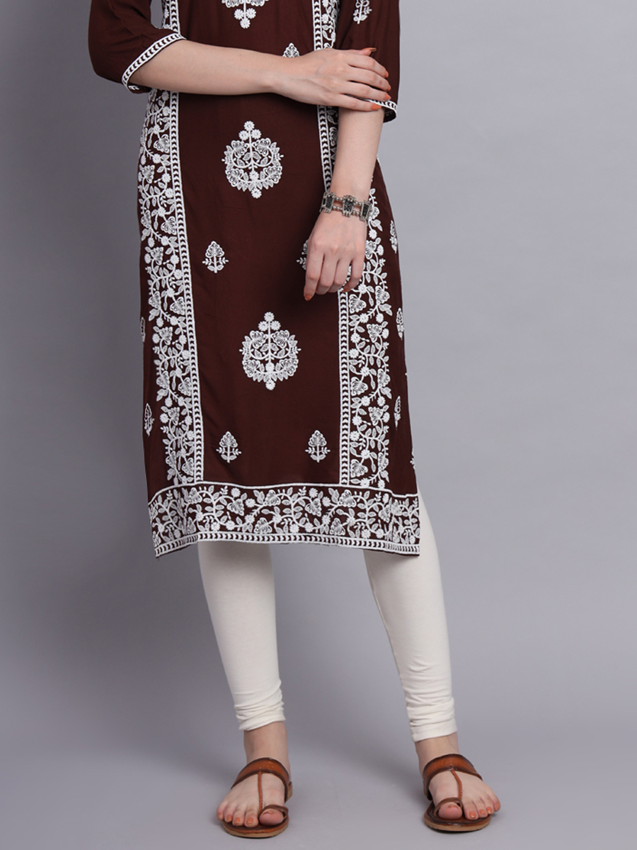 Coffee Rayon Embroidered Festival Casual Kurti