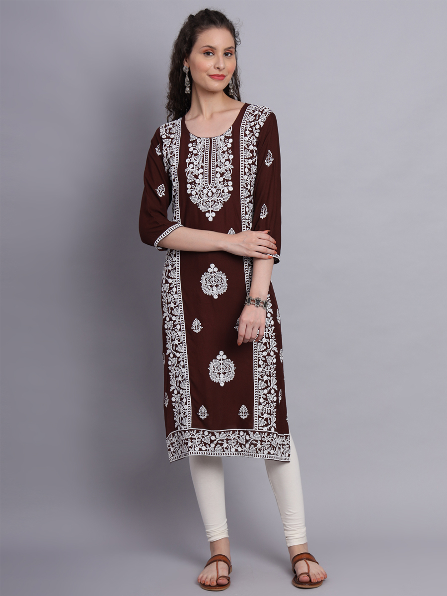 Coffee Rayon Embroidered Festival Casual Kurti