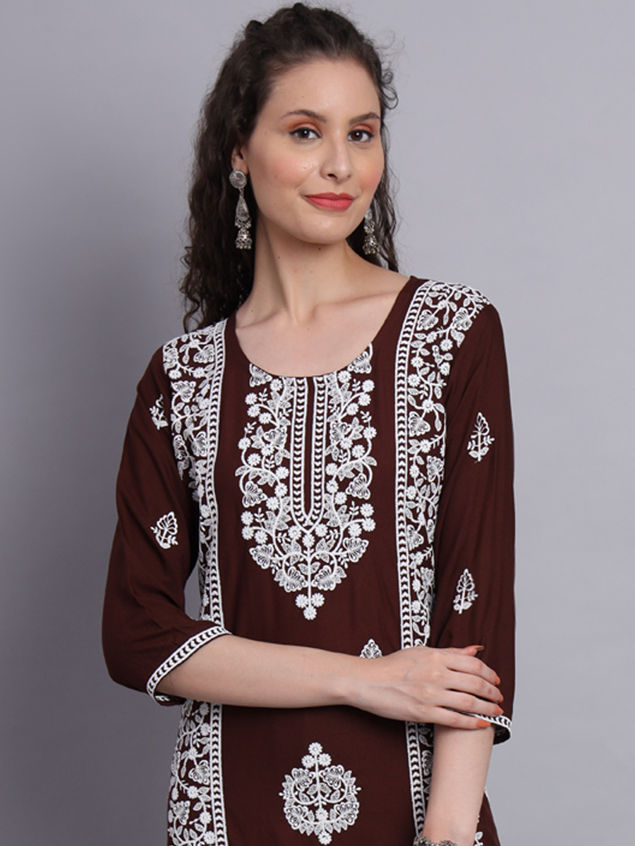 Coffee Rayon Embroidered Festival Casual Kurti