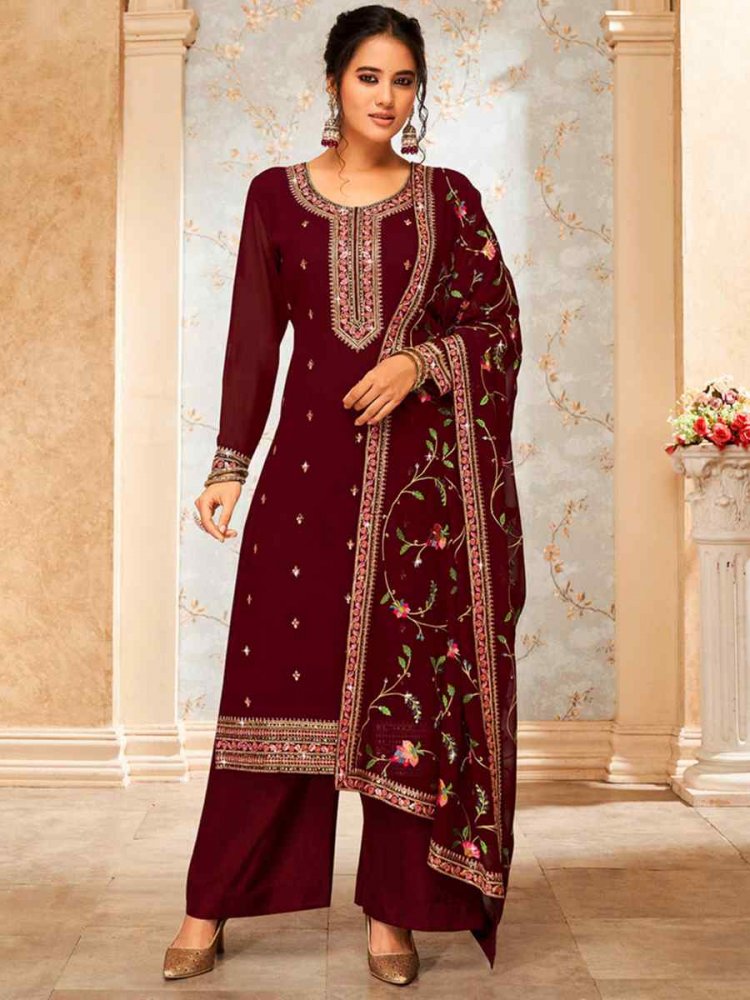 Coffee Real Georgette Embroidered Casual Festival Palazzo Pant Salwar Kameez