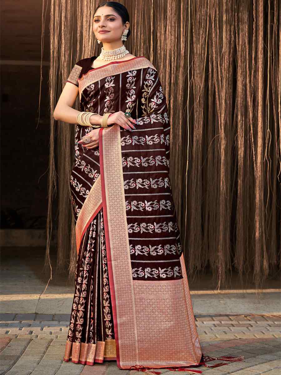 Coffee Satin Silk Handwoven Wedding Festival Heavy Border Saree