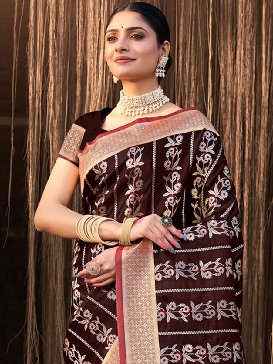 Coffee Satin Silk Handwoven Wedding Festival Heavy Border Saree