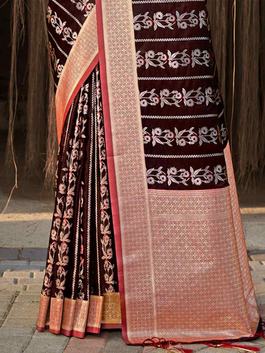 Coffee Satin Silk Handwoven Wedding Festival Heavy Border Saree