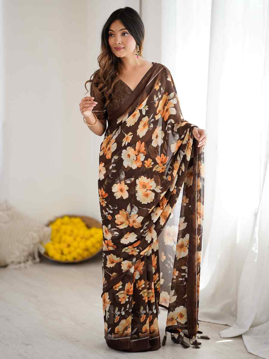 Coffee Satin Silk Printed Casual Reception Festival Wedding Fancy Classic Style Sarees