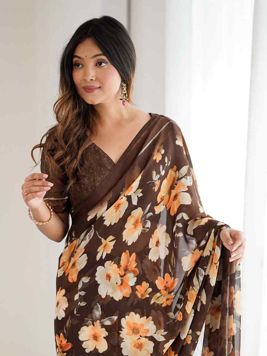 Coffee Satin Silk Printed Casual Reception Festival Wedding Fancy Classic Style Sarees