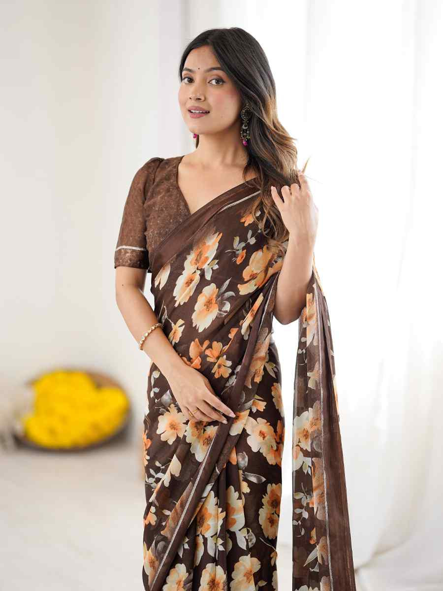 Coffee Satin Silk Printed Casual Reception Festival Wedding Fancy Classic Style Sarees