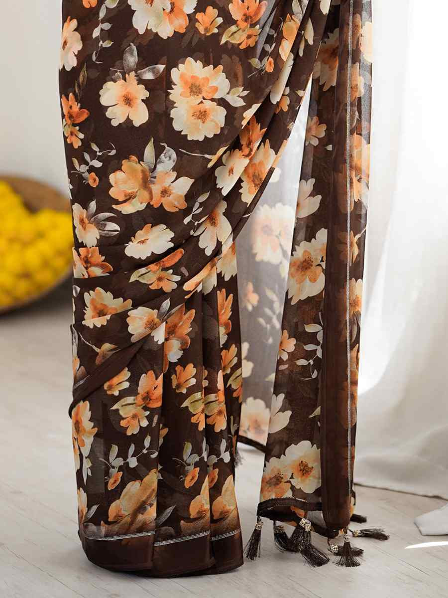 Coffee Satin Silk Printed Casual Reception Festival Wedding Fancy Classic Style Sarees
