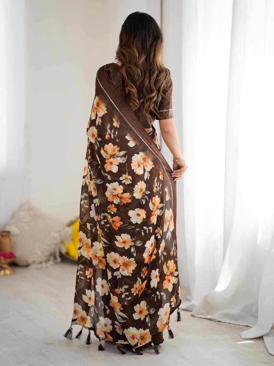 Coffee Satin Silk Printed Casual Reception Festival Wedding Fancy Classic Style Sarees