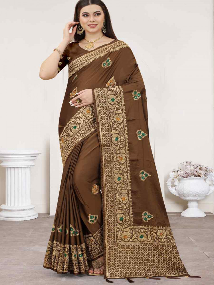 Image of Coffee Satin Silk Zari Handwoven Casual Reception Festival Wedding Fancy Heavy Border Saree