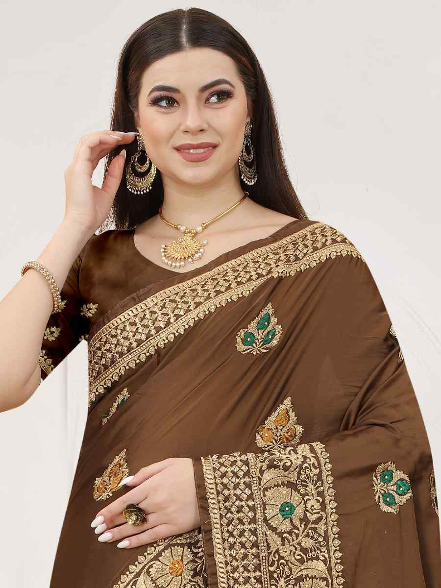 Coffee Satin Silk Zari Handwoven Casual Reception Festival Wedding Fancy Heavy Border Saree