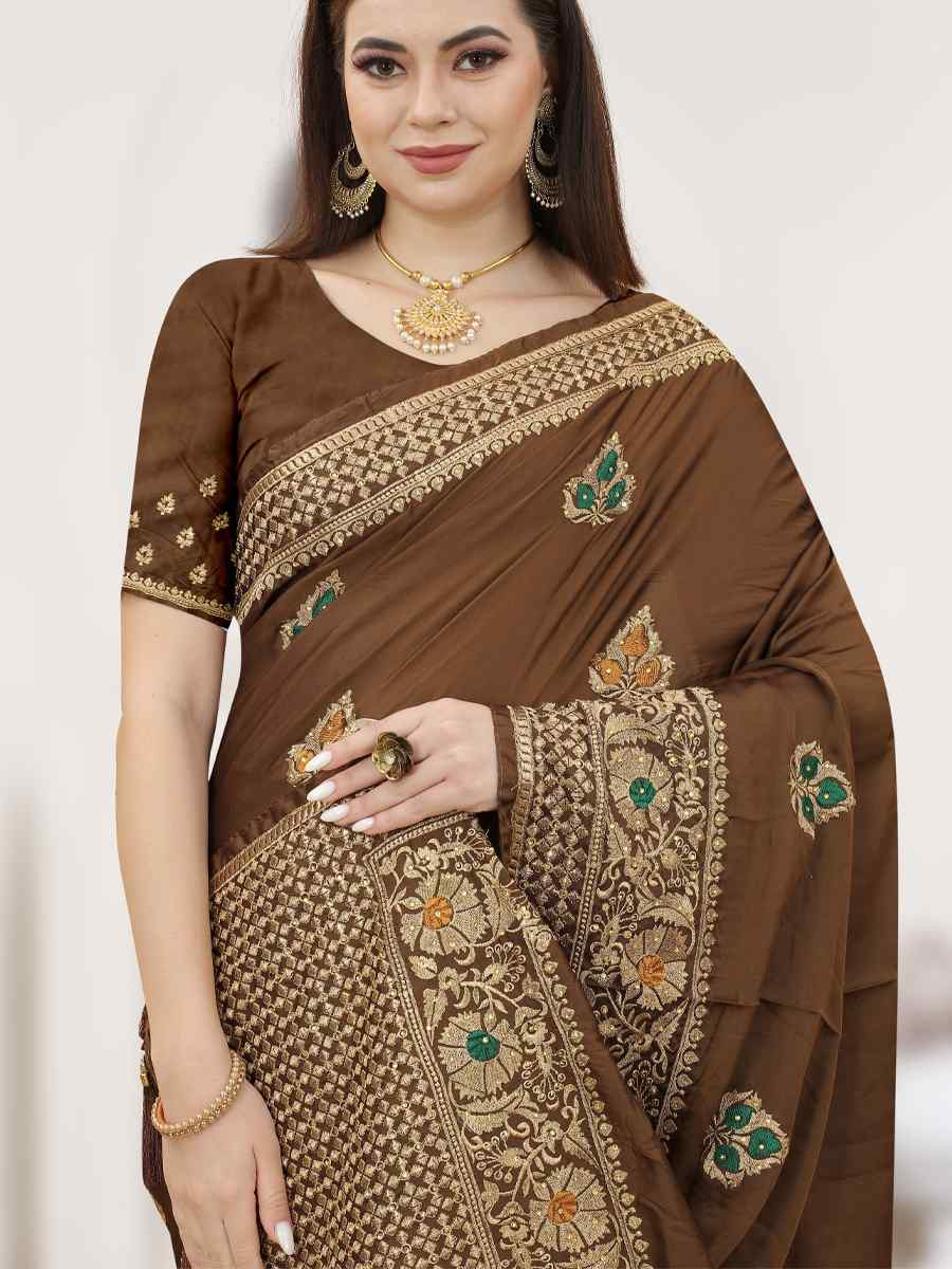 Coffee Satin Silk Zari Handwoven Casual Reception Festival Wedding Fancy Heavy Border Saree