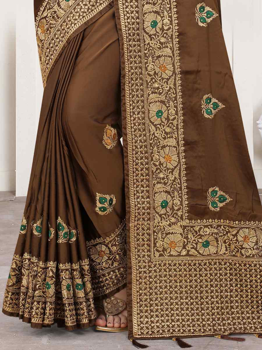 Coffee Satin Silk Zari Handwoven Casual Reception Festival Wedding Fancy Heavy Border Saree