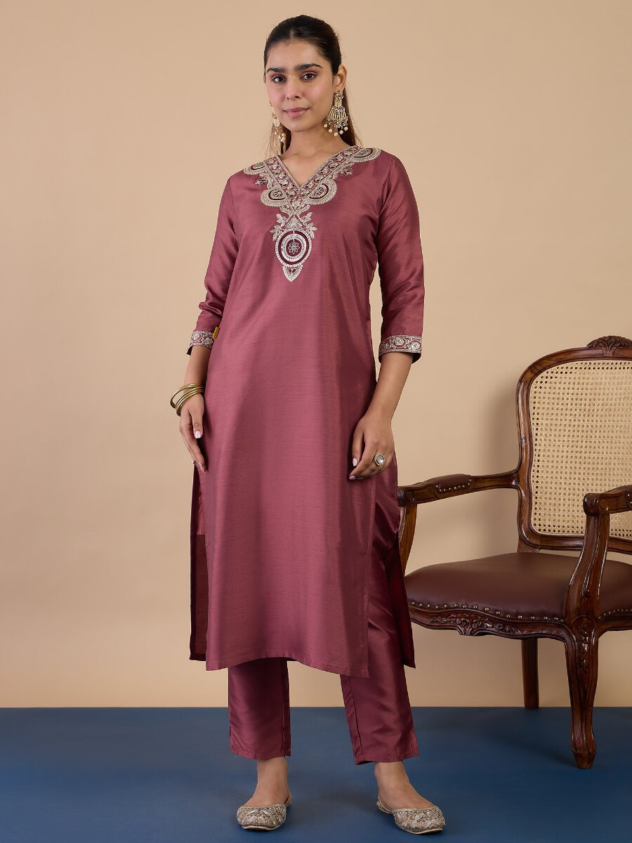 Coffee Silk Blend Embroidery Wedding Party Festival Casual Pant Salwar Kameez