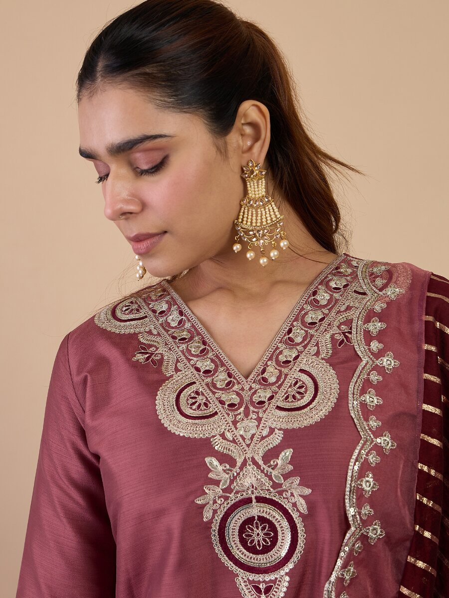 Coffee Silk Blend Embroidery Wedding Party Festival Casual Pant Salwar Kameez