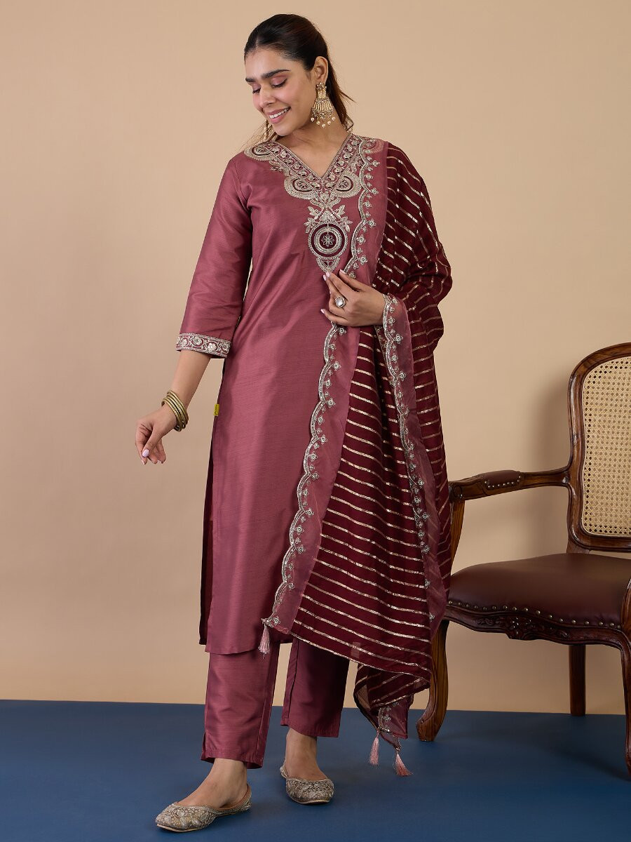 Coffee Silk Blend Embroidery Wedding Party Festival Casual Pant Salwar Kameez