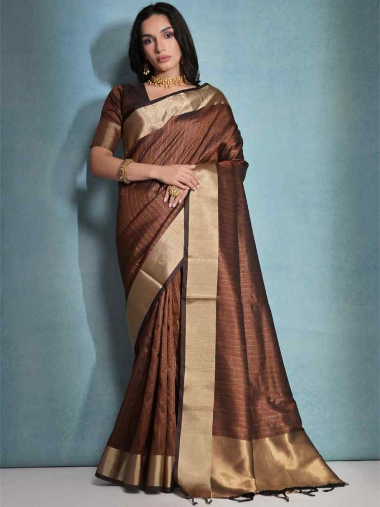 Coffee Soft Banarasi Raw Silk Handwoven Casual Festival Heavy Border Saree