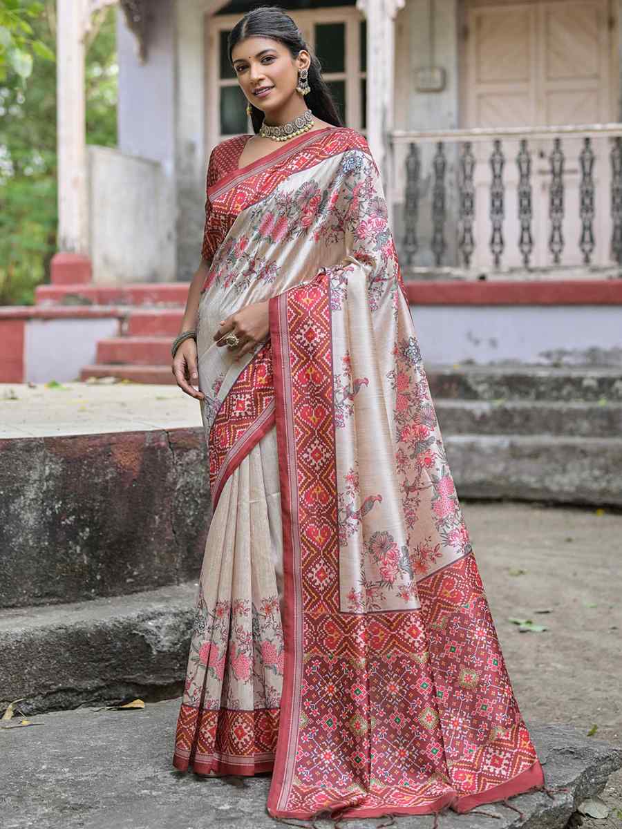 Coffee Soft Tussar Silk Printed Casual Festival Contemporary Saree