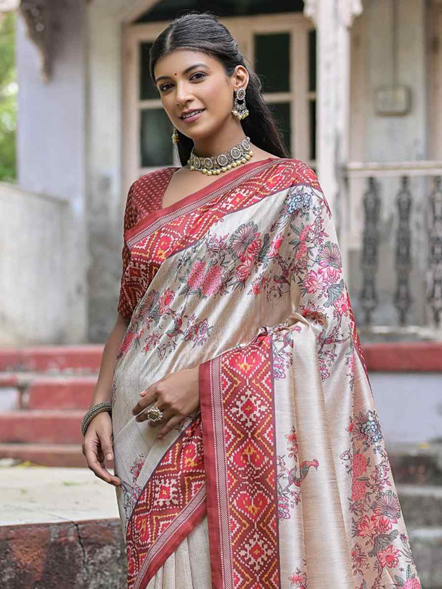 Coffee Soft Tussar Silk Printed Casual Festival Contemporary Saree