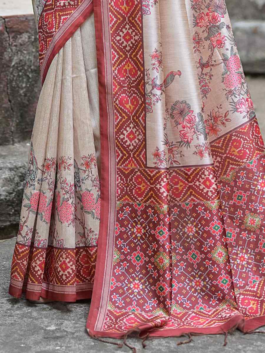 Coffee Soft Tussar Silk Printed Casual Festival Contemporary Saree