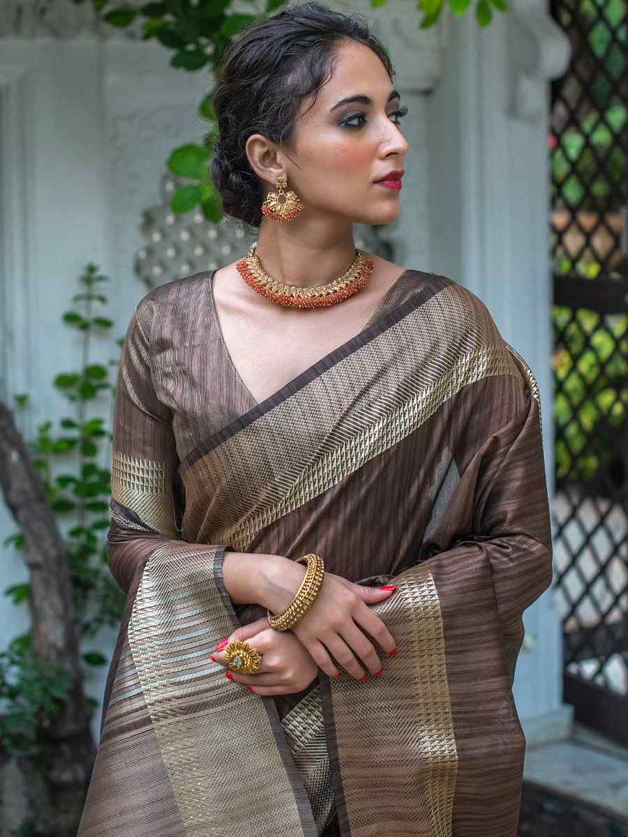 Coffee Tussar Silk Handwoven Wedding Festival Heavy Border Saree