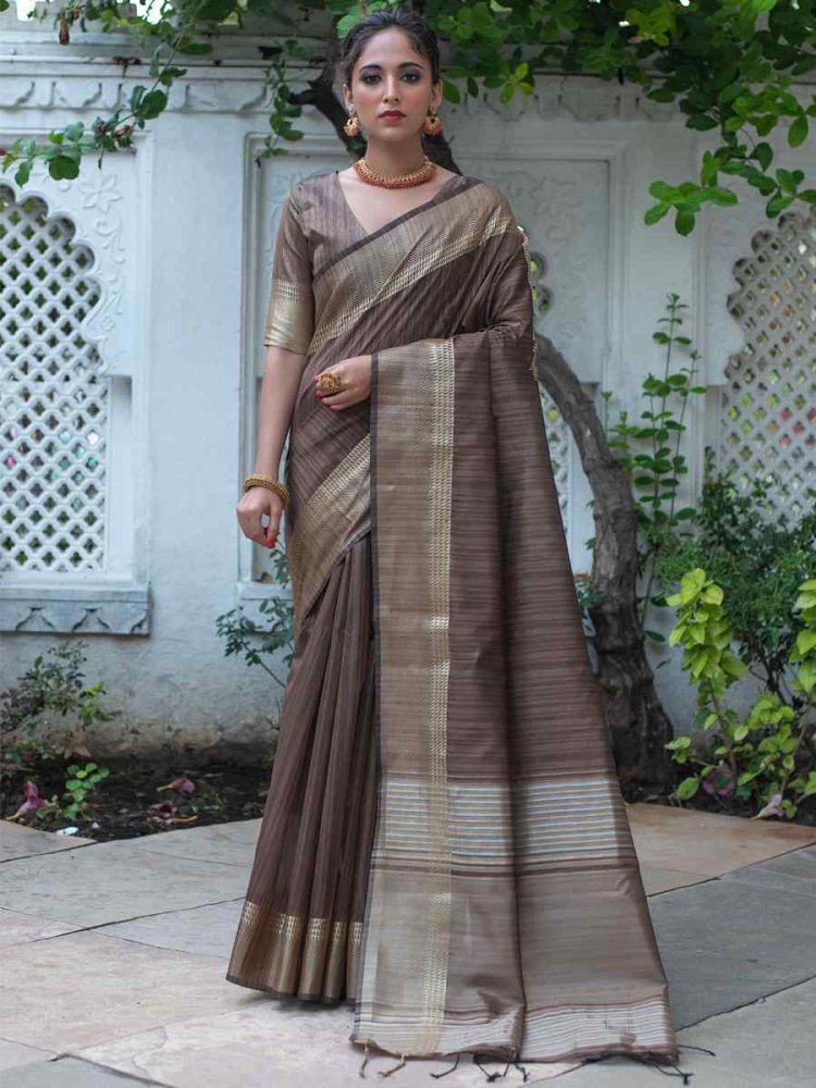 Coffee Tussar Silk Handwoven Wedding Festival Heavy Border Saree