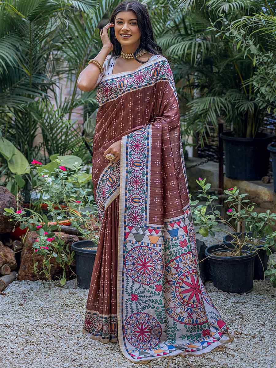 Coffee Tussar Silk Printed Casual Festival Contemporary Saree