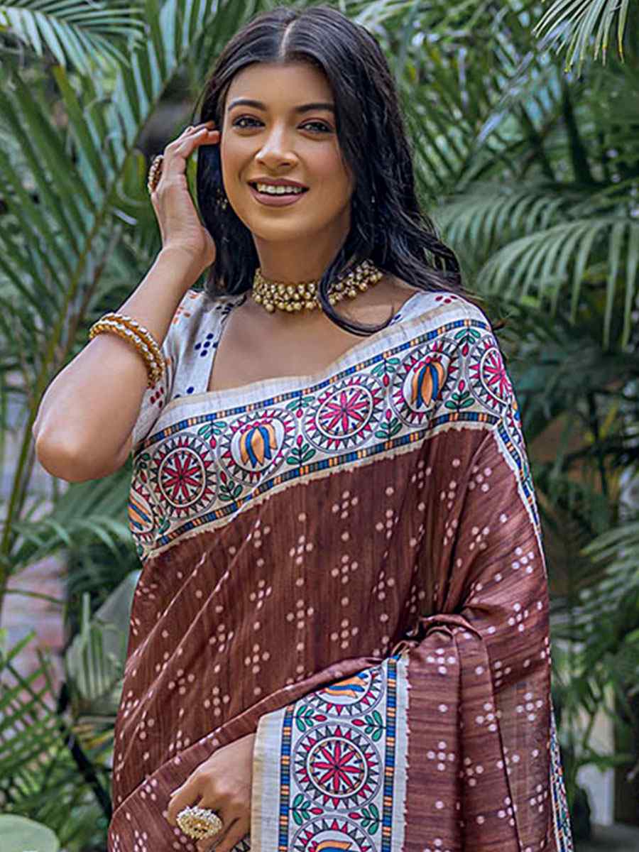 Coffee Tussar Silk Printed Casual Festival Contemporary Saree