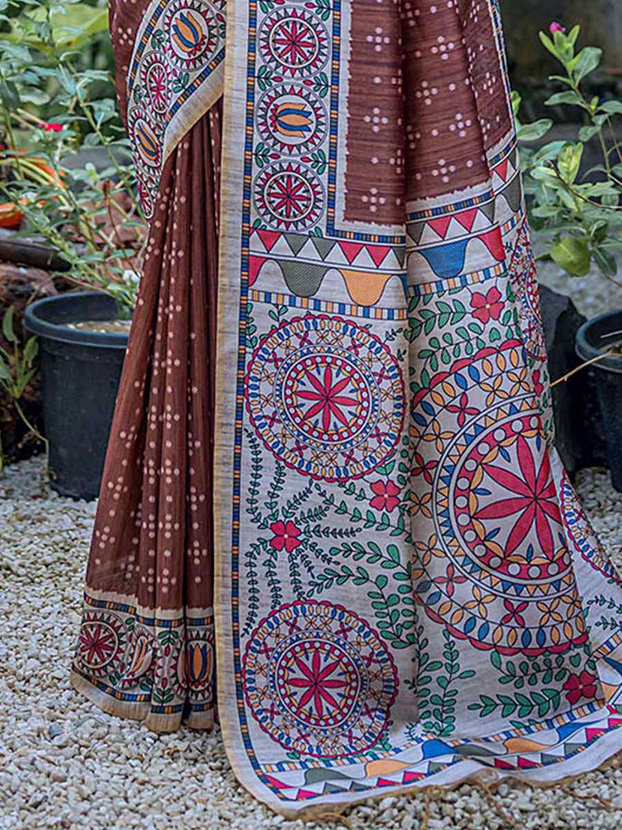 Coffee Tussar Silk Printed Casual Festival Contemporary Saree