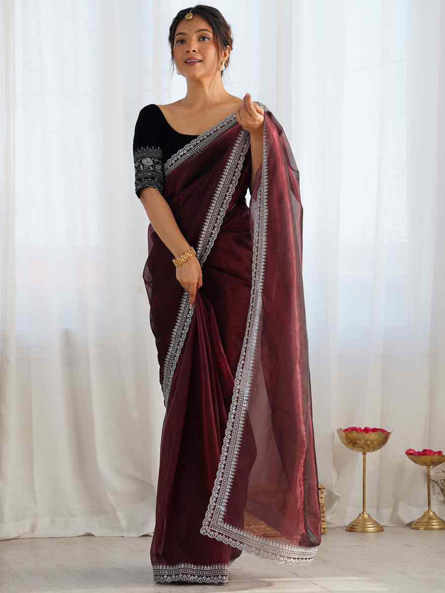 Coffee Twill Net Embroidered Festival Wedding Fancy Heavy Border Saree