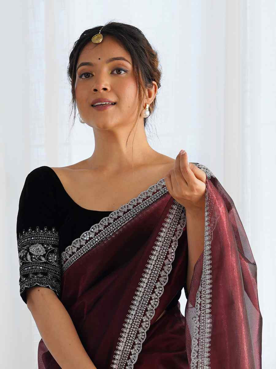 Coffee Twill Net Embroidered Festival Wedding Fancy Heavy Border Saree