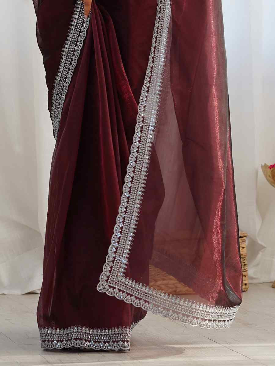 Coffee Twill Net Embroidered Festival Wedding Fancy Heavy Border Saree