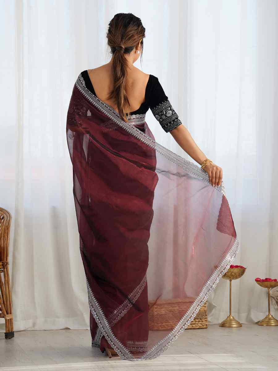 Coffee Twill Net Embroidered Festival Wedding Fancy Heavy Border Saree