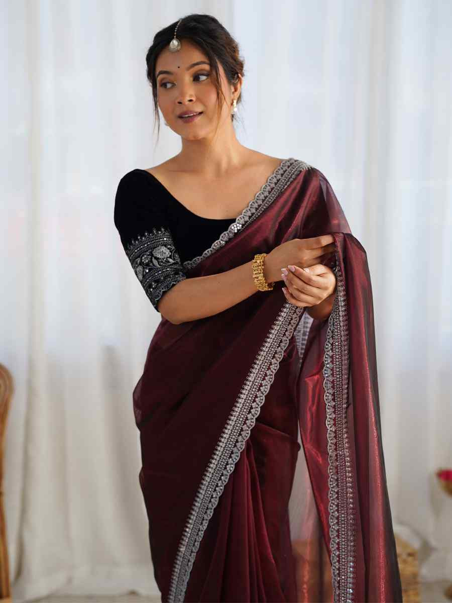 Coffee Twill Net Embroidered Festival Wedding Fancy Heavy Border Saree