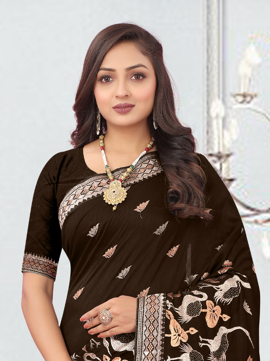 Coffee Vichitra Blooming Embroidered Wedding Party Heavy Border Saree