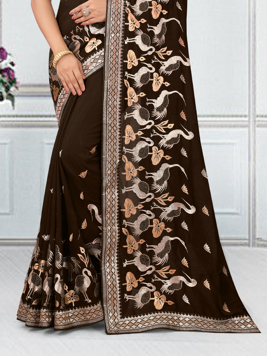 Coffee Vichitra Blooming Embroidered Wedding Party Heavy Border Saree