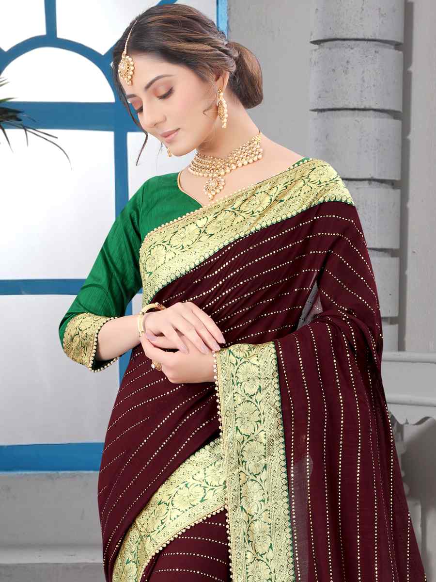 Coffee Vichitra Blooming Silk Handwoven Wedding Festival Heavy Border Saree
