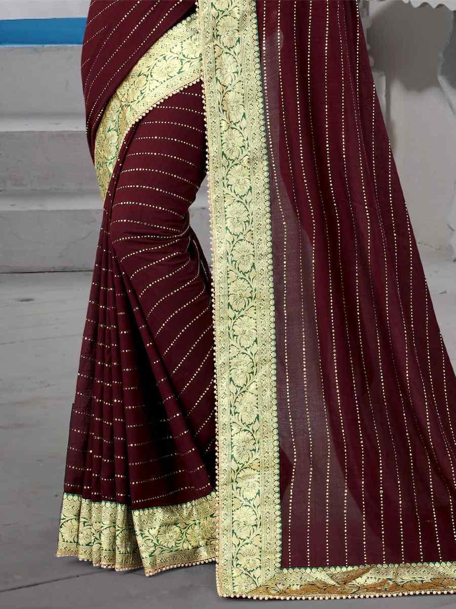 Coffee Vichitra Blooming Silk Handwoven Wedding Festival Heavy Border Saree