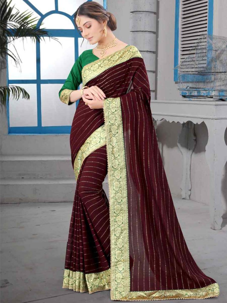 Coffee Vichitra Blooming Silk Handwoven Wedding Festival Heavy Border Saree