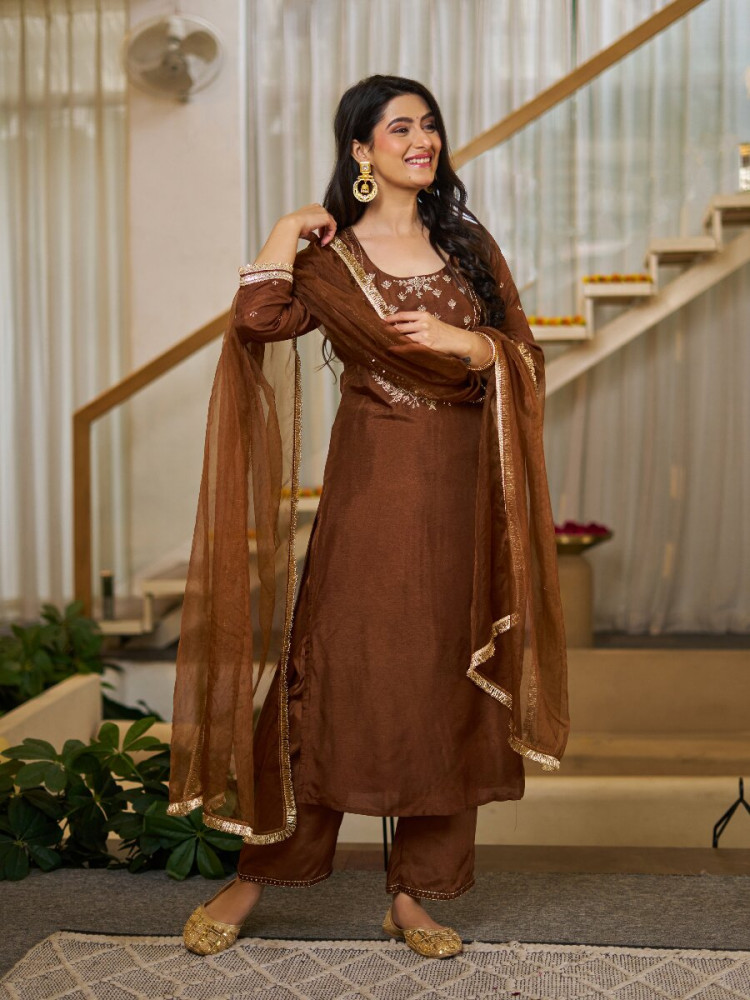 Image of Coffee Vichitra Silk Embroidery Wedding Party Festival Casual Ready Palazzo Pant Salwar Kameez