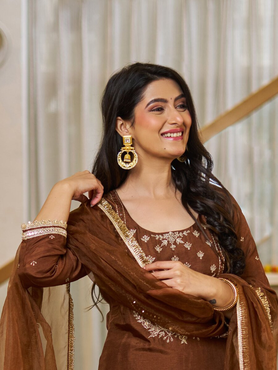 Coffee Vichitra Silk Embroidery Wedding Party Festival Casual Ready Palazzo Pant Salwar Kameez