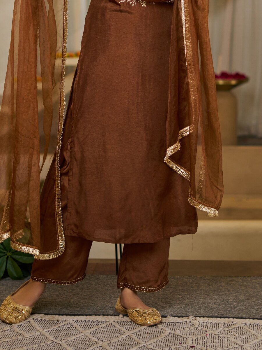 Coffee Vichitra Silk Embroidery Wedding Party Festival Casual Ready Palazzo Pant Salwar Kameez