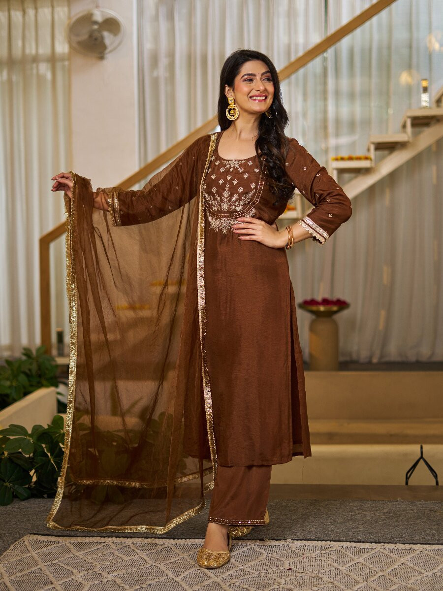 Coffee Vichitra Silk Embroidery Wedding Party Festival Casual Ready Palazzo Pant Salwar Kameez