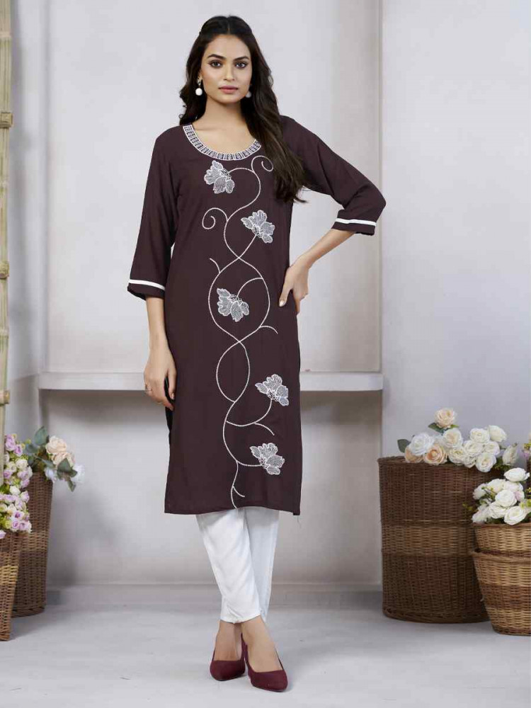 Coffee Viscose Rayon Embroidered Festival Casual Kurti