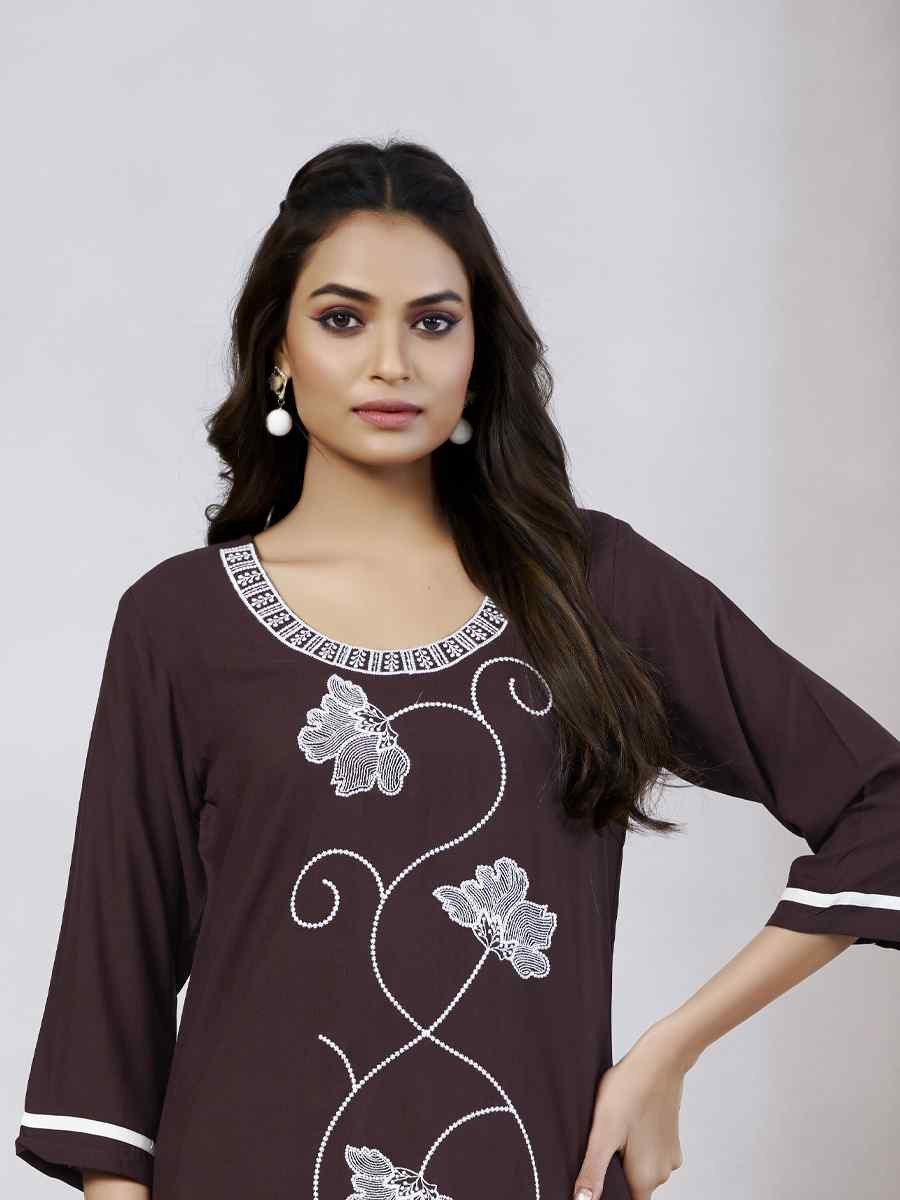 Coffee Viscose Rayon Embroidered Festival Casual Kurti